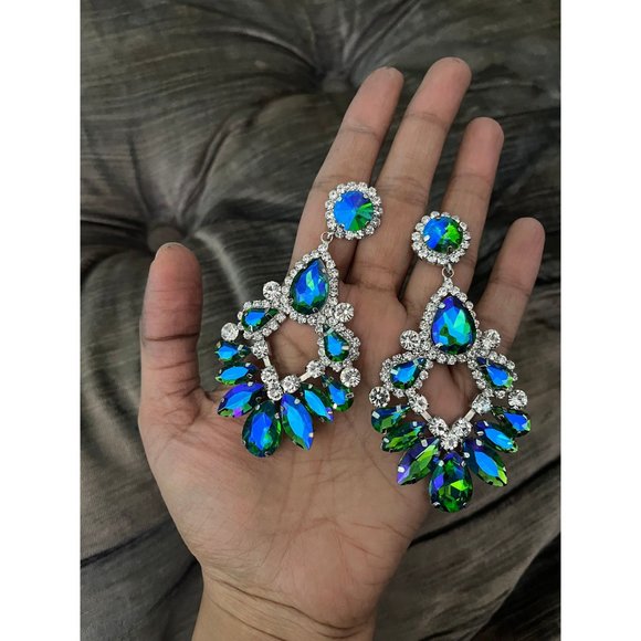 Big Blue green earrings large crystal chandelier rhinestone crystal 3.6” long - Picture 6 of 8